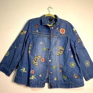 Multiples Embroidered Denim Jacket with Butterfly Design. 100% cotton. Sz 1X.